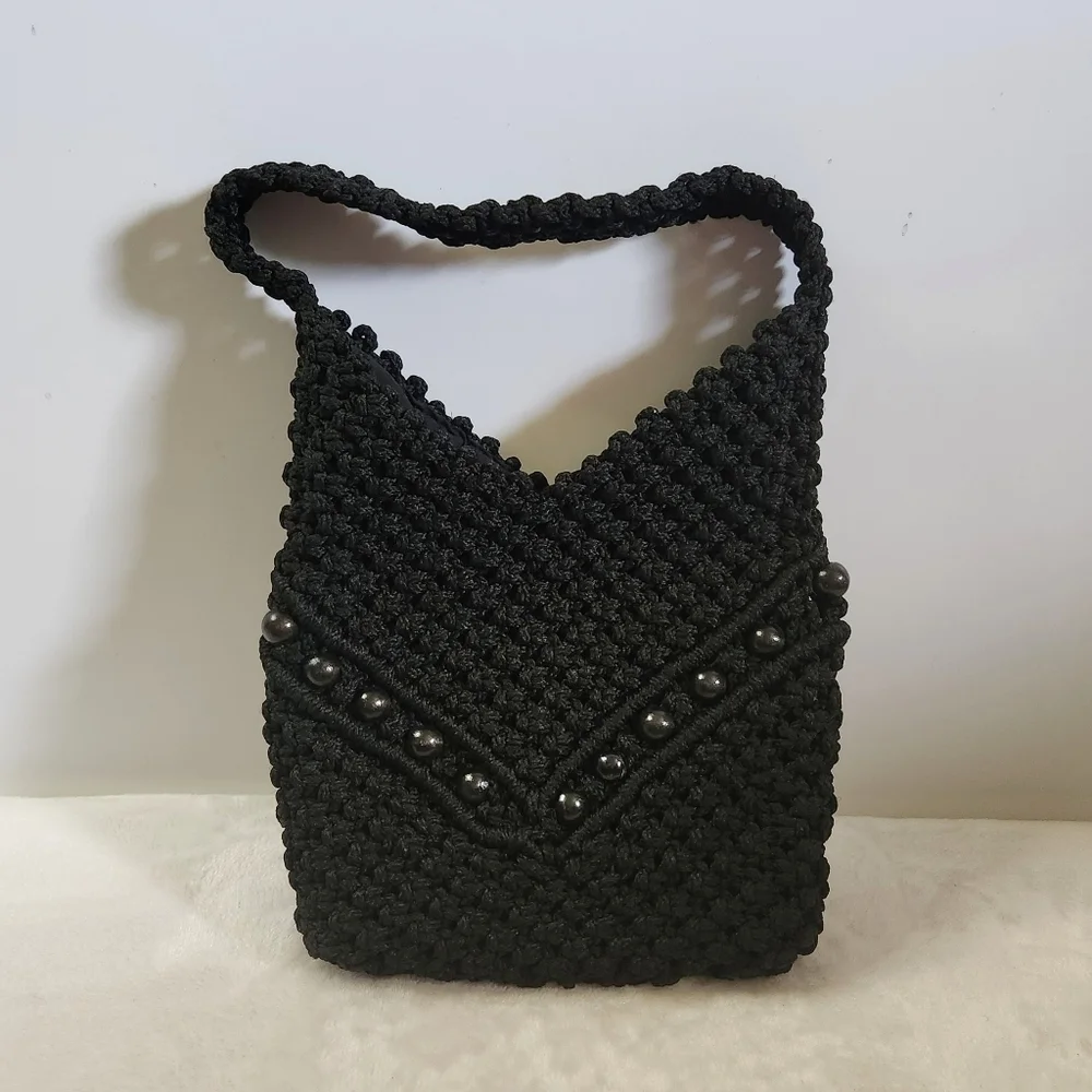 Vintage Hobo Boho Black Beaded Crochet Handbag Shoulder Bag Purse Bag